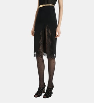 Jupe mi-longue en maille et dentelle - Balmain - Noir