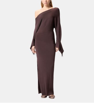 Robe longue côtelée à col asymétrique - Pinko - Marron foncé