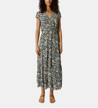 Robe longue et cintrée à fleurs - REINA - Gerard Darel - Bleu turquoise