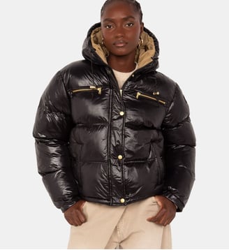 Doudoune courte à capuche en nylon brillant - Schott - Noir