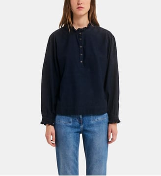 Blouse en velours côtelé à volants - LORRAINE - Pablo - Marine