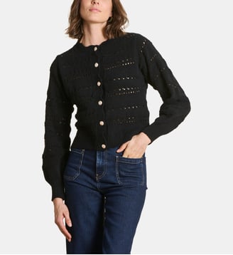 Gilet en maille ajourée boutons fantaisie - La Fée Maraboutée - Noir