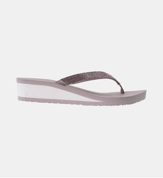 Tongs semelle synthétique, tige en perles, talon compensé 4 cm - Isotoner - Taupe