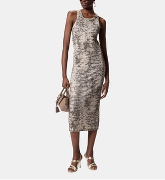 Robe midi côtelée ajustée à imprimé serpent - Pinko - Beige et noir