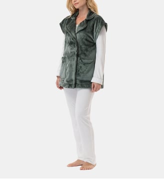 Veste manches courtes boutonnée en peluche flanelle ESSENTIEL H76A - Lingerie Le Chat - Vert