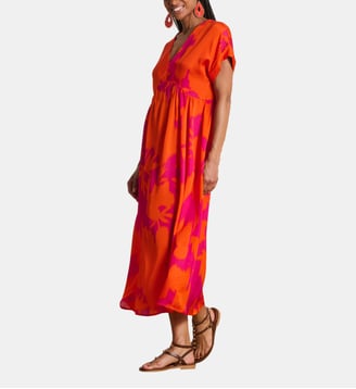 Robe longue en satin fleuri - La Fée Maraboutée - Orange et rose