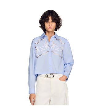 Chemise en coton brodée - Sandro - Bleu ciel