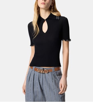 T-shirt côtelé à bords bijoux - Pinko - Limousine noire