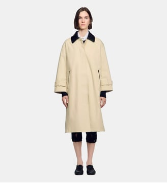 Manteau long col contrasté cuir - Sandro - Beige
