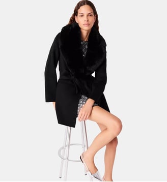 Manteau long et col fausse fourrure - Maje - Noir