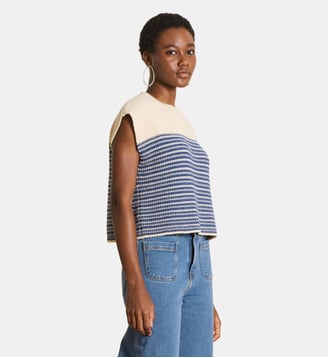 Pull court rayé en coton manches courtes - La Fée Maraboutée - Bleu denim