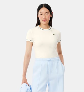 T-shirt jersey liserés contrastants - Lacoste - Blanc, bleu clair et vert