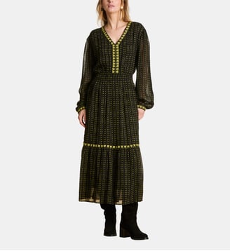 Robe longue cintrée imprimée à manches longues - La Fée Maraboutée - Biriba