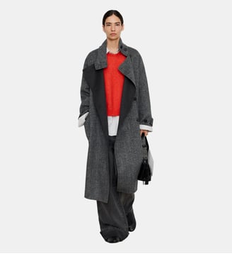 Manteau long croisé à chevrons avec laine mérinos - Adolfo Dominguez - Gris chine