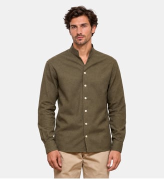 Chemise en flanelle kaki col officier coupe droite - Atelier Privé - Vert kaki
