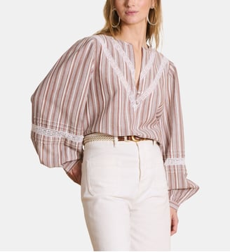Blouse manches longues à rayures en coton - La Fée Maraboutée - Blanc et marron