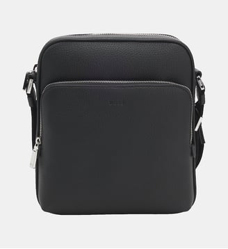 Sacoche reporter en cuir italien logo embossé - BOSS - Noir