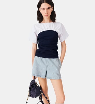 Top en jersey plissé - Maje - Blanc et bleu