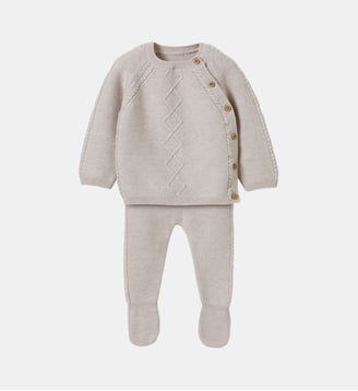 Ensemble naissance - Coton biologique et laine - Cyrillus - Beige chiné