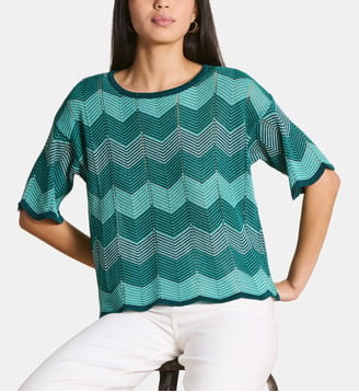 Pull manches courtes maille irisée - La Fée Maraboutée - Bleu pétrole