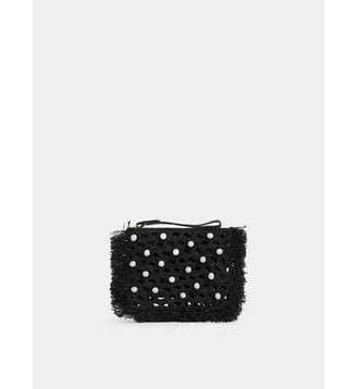 Pochette en raphia avec détails de franges - Rabanne - Noir et argent