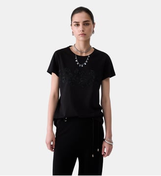 T-shirt avec strass - Liu Jo - Noir et ramage