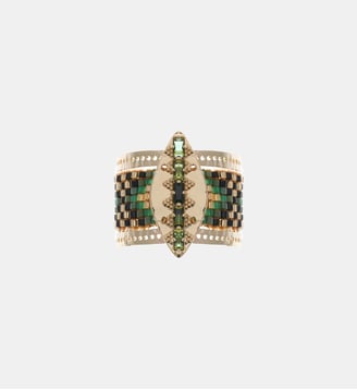 Bague réglable cabochon central et perles tissées LOOXOR - Hipanema - Vert