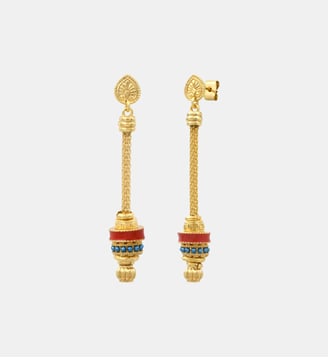 Boucles d'oreilles longues tiges percées   doré à l'or fin - Alicudi - Satellite - Turquoise et corail