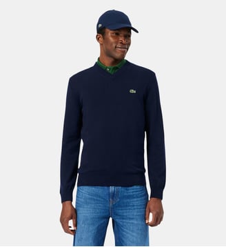 Pull coton uni col V - Lacoste - Bleu marine