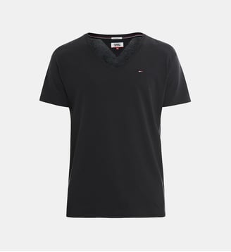 T-shirt droit en coton uni à col V - Tommy Hilfiger - Noir