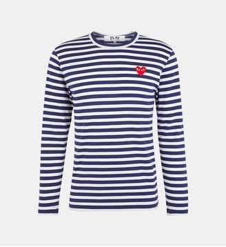 T-shirt droit coton rayé manches longues logo - Comme des Garçons PLAY - Blanc et bleu
