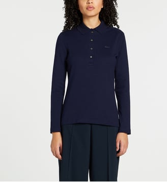 Polo slim piqué stretch manches longues - Lacoste - Bleu marine