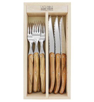 Set 6 couteaux à steak et 6 fourchettes - André Verdier - Bois clair