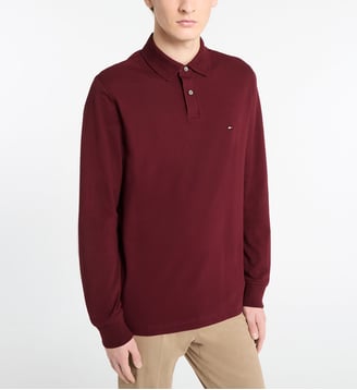 Polo droit piqué stretch manches longues - Tommy Hilfiger - Bordeaux