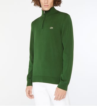 Pull zippé coton uni col montant - Lacoste - Vert foncé