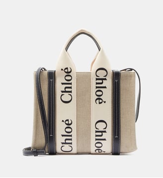 Petit sac cabas Woody lin et cuir - Chloé - Beige et bleu