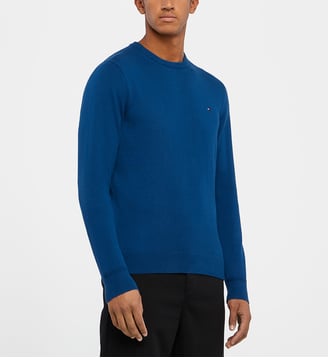 Pull droit logo coton biologique et cachemire - Tommy Hilfiger - Bleu canard