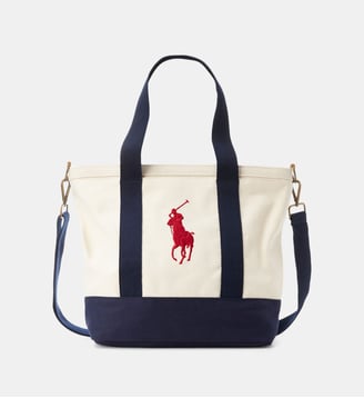 Sac cabas mixte coton tissé broderie Big Pony - Polo Ralph Lauren - Blanc et marine