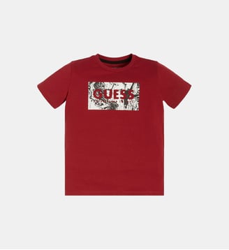 T-shirt droit coton rectangle fantaisie signature - Guess - Rouge foncé