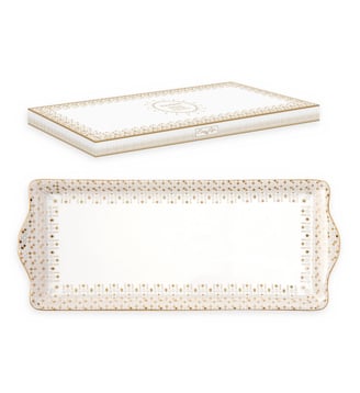 Coffret plat à cake en porcelaine blanc/gold - Easy Life - Blanc