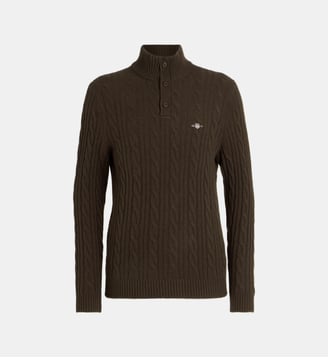 Pull Cable en laine d'agneau à col boutonné - Gant - Marron