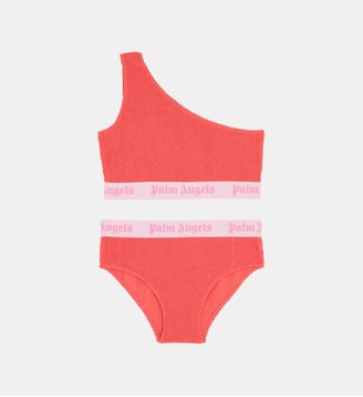 Maillot de bain 2 pièces gaufré one shoulder et signature - Palm Angels - Corail