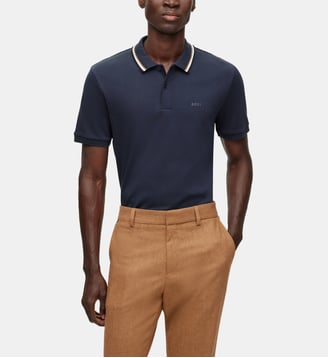 Polo slim en coton mercerisé col rayé - BOSS - Bleu nuit