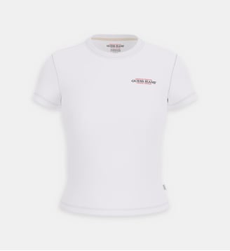 T-shirt ajusté et court en coton stretch - Guess Jeans - Bleu