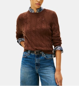 Pull droit maille câble laine - Tommy Hilfiger - Marron foncé