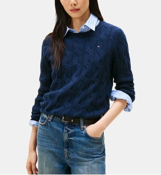 Pull droit maille câble laine - Tommy Hilfiger - Bleu foncé