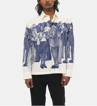 Chemise droite coton stretch imprimé silhouettes - Carne Bollente - Bleu et blanc