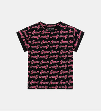T-shirt droit signature all-over - Guess - Noir et rose