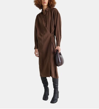 Robe chemise mi-longue détails drapés en soie mélangée - Lemaire - Brunette