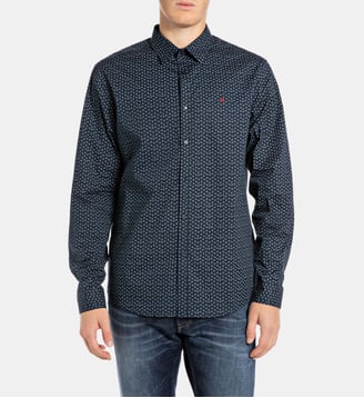 Chemise droite coton stretch fantaisie - Replay - Bleu marine